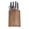 a wooden knife block with several knives