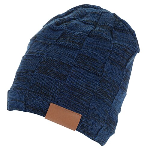 Additional Image 2 - a blue beanie with a brown label