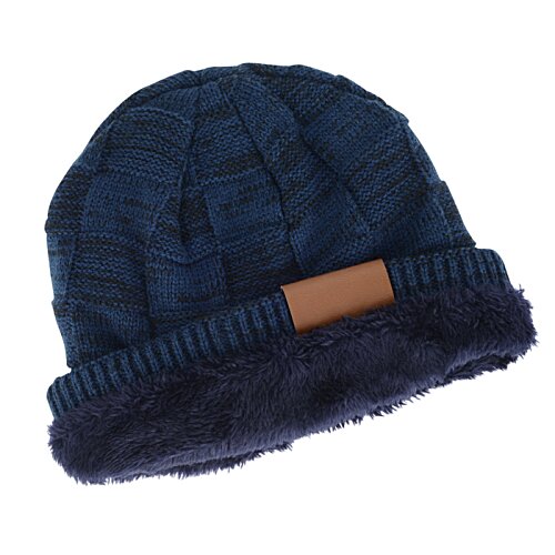 Additional Image 3 - a blue knit hat with a brown band