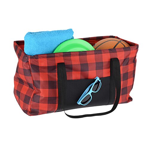 Additional Image 2 - a red and black plaid bag with a frisbee and a blue towel