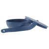 a blue plastic scoop with a lid