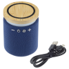 a blue cylinder with a wooden lid and a cord