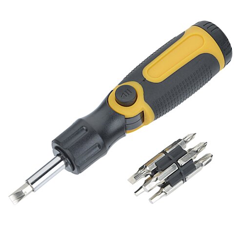 Additional Image 1 - a black and yellow screwdriver with many bits