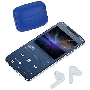 Additional Image 2 - a blue cell phone with a blue case and ear buds