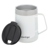 a white mug with a black lid