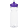 a plastic water bottle with a purple lid