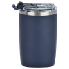 a blue tumbler with a lid