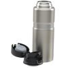 a silver thermos bottle with a black cap