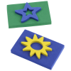 a blue and green rectangles with yellow stars and a yellow sun