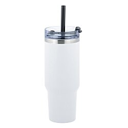 a blue and silver cup with a straw