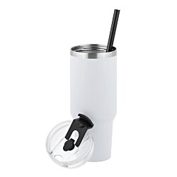 a blue tumbler with a black straw
