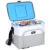 a cooler with a blue lid