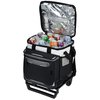 a black luggage with a bag full of eggs