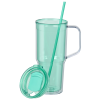 a green cup with a straw