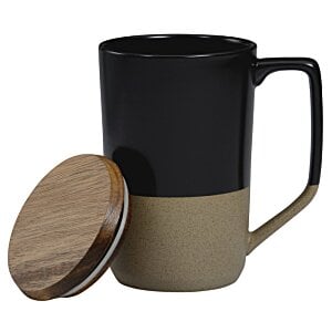 Additional Image 1 - a black and tan coffee mug with a wooden lid