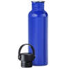 a blue water bottle and a black cap