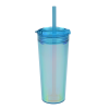 a blue plastic cup with a straw