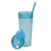 a blue plastic cup with a straw