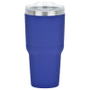 a blue tumbler with silver lid