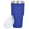 a blue tumbler with a lid