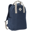 a blue backpack with white handles