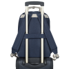 a blue backpack with silver handles