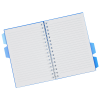 a white notebook with blue handles