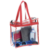 a clear bag with a red handle