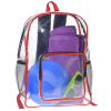 a clear backpack with a red trim