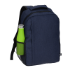 a blue backpack with a green bottle