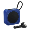 a blue square speaker with a cord