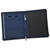 a blue and black notebook with pen