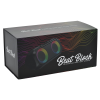 a black box with a rainbow logo