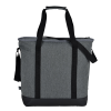 a grey bag with black straps