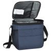 a blue cooler bag with a black strap