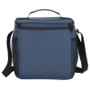 a blue cooler bag with black straps