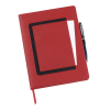 a red notebook with a black border