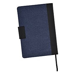 a blue notebook with a black strap