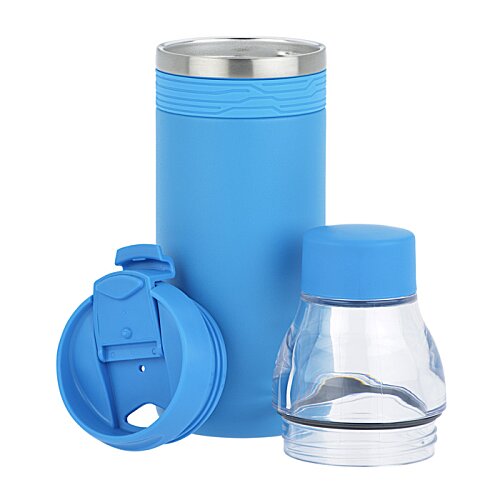 Additional Image 2 - a blue and silver tumbler and a clear glass bottle