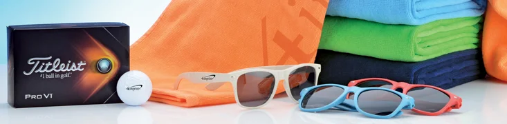 Promotional Outdoor Products that include towels, sunglasses and golf balls