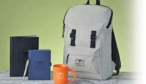 Promotional products that includes a backpack, notebook, pen and mug