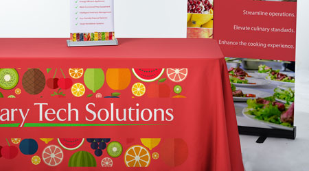 Trade show products that include table top displyas and table throws