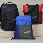 Bag promotional products that include a backpack, drawstring bag and tote