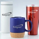 Drinkware promotional products that include a cork bottom mug, travel tumbler and vacuum tumbler