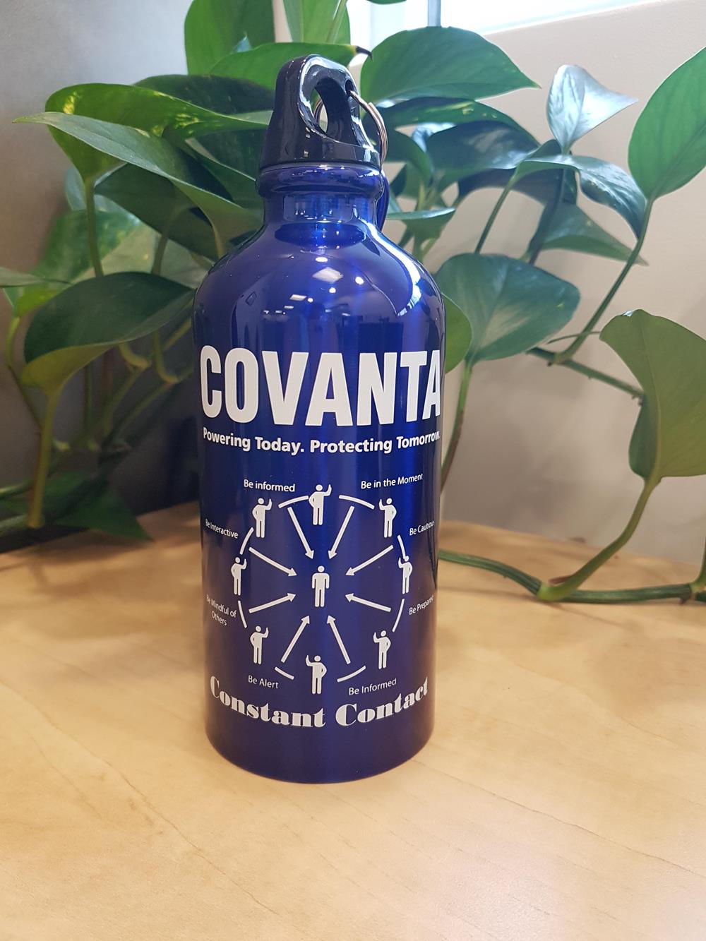 a blue water bottle with white text on it