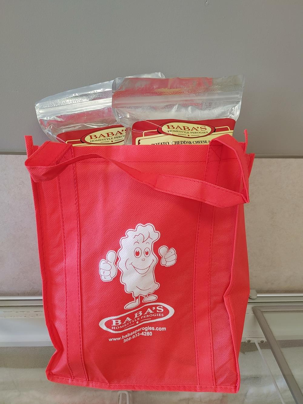 a red bag with food in it