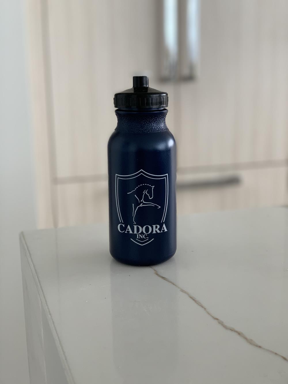 a blue water bottle on a counter