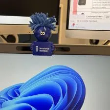 Customer photo from Erin of our MopTopper Webcam Security Cover, a computer screen with a blue sculpture