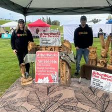 a couple of people standing next to a wood carving